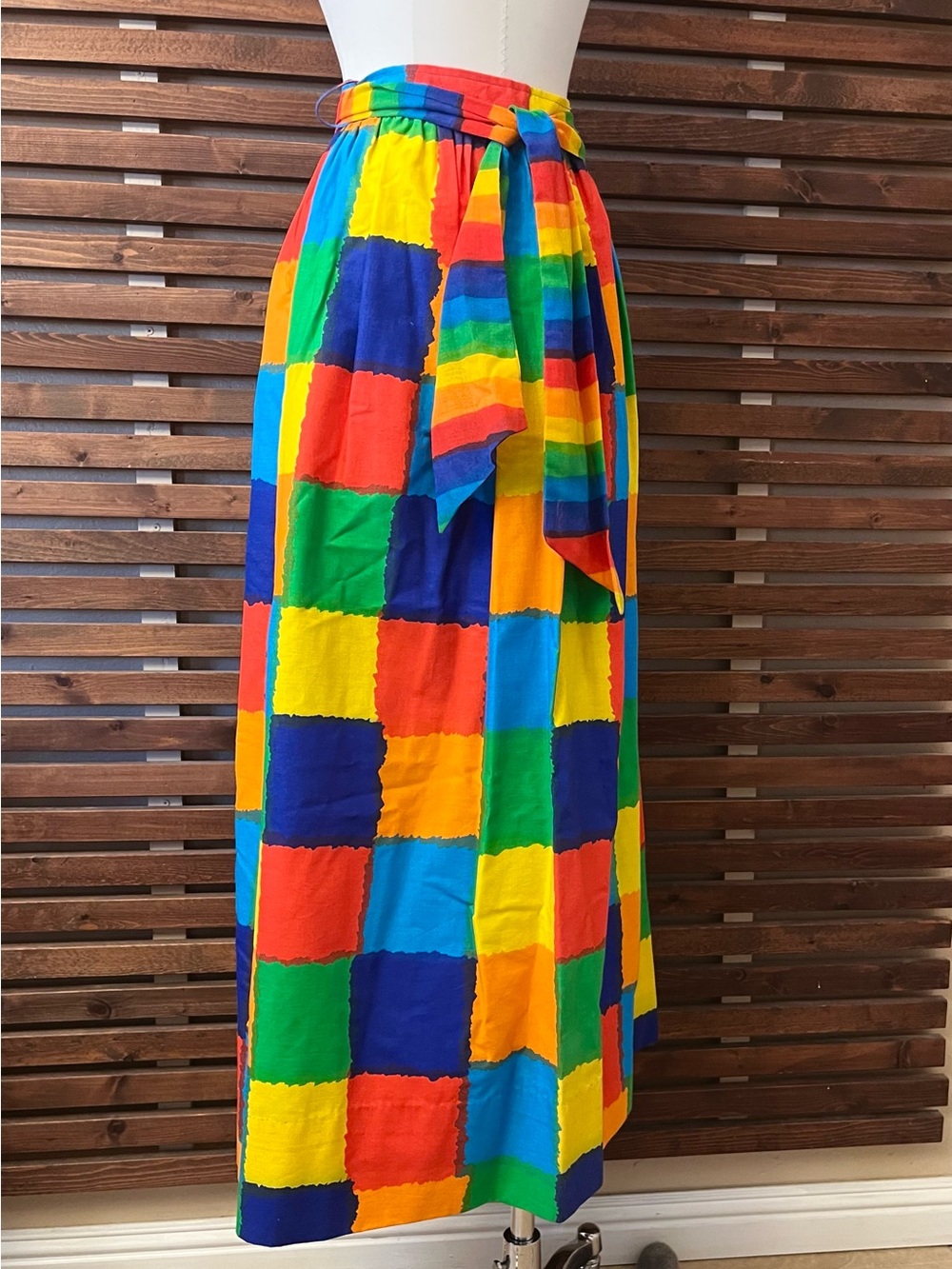 1970s 70s Vintage Rainbow Multicolor Patchwork Print High Tie Waist Maxi Skirt - Picture 5 of 11
